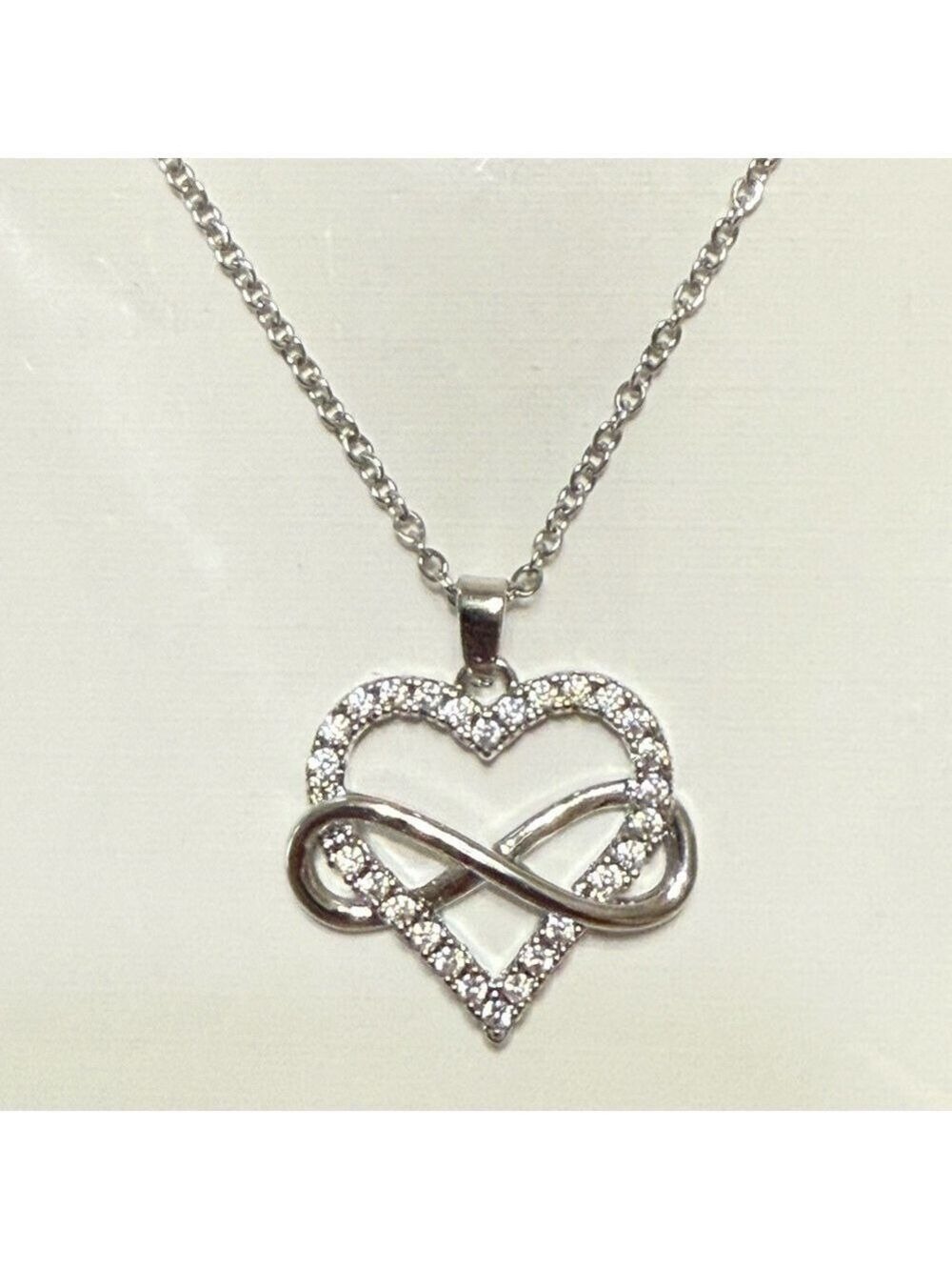 Silver Tone Heart Infinity Necklace With Clear Crystals New